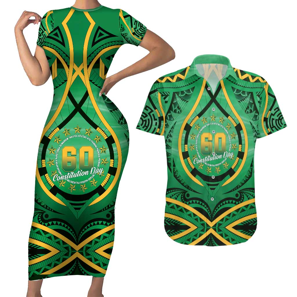 Cook Islands Constitution Day Couples Matching Short Sleeve Bodycon Dress and Hawaiian Shirt 60th Anniversary LT05 Green - Polynesian Pride