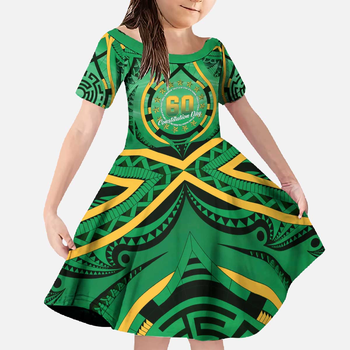 Cook Islands Constitution Day Family Matching Off The Shoulder Long Sleeve Dress and Hawaiian Shirt 60th Anniversary LT05 Daughter's Dress Green - Polynesian Pride