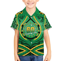 Cook Islands Constitution Day Family Matching Off The Shoulder Long Sleeve Dress and Hawaiian Shirt 60th Anniversary LT05 Son's Shirt Green - Polynesian Pride