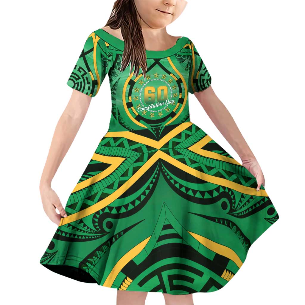 Cook Islands Constitution Day Family Matching Off Shoulder Short Dress and Hawaiian Shirt 60th Anniversary LT05 Daughter's Dress Green - Polynesian Pride