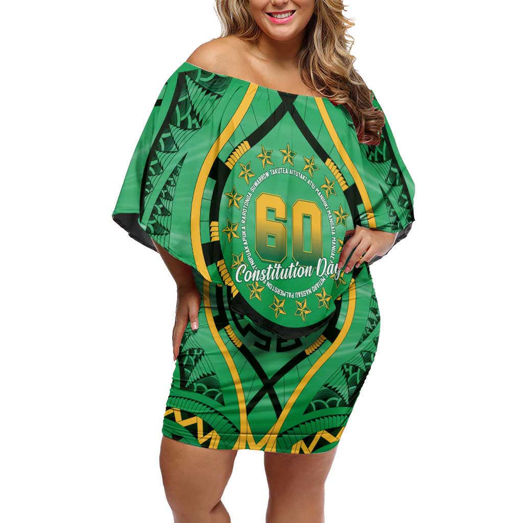 Cook Islands Constitution Day Family Matching Off Shoulder Short Dress and Hawaiian Shirt 60th Anniversary LT05 Mom's Dress Green - Polynesian Pride