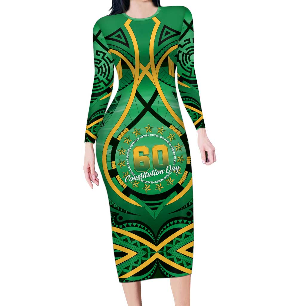 Cook Islands Constitution Day Long Sleeve Bodycon Dress 60th Anniversary LT05 Long Dress Green - Polynesian Pride