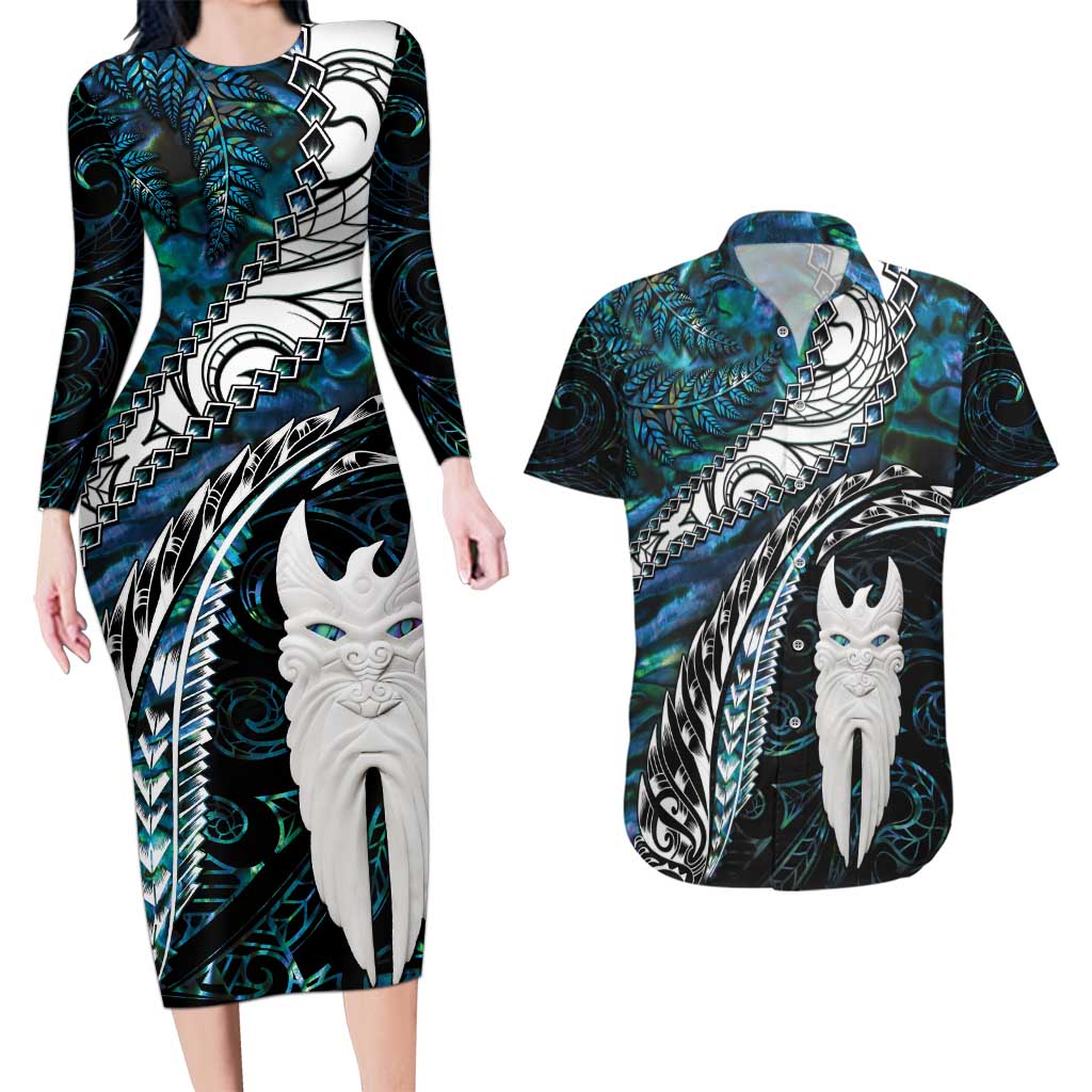 New Zealand Aotearoa Couples Matching Long Sleeve Bodycon Dress and Hawaiian Shirt Maori Hei Rehua Paua Shell Glitter Green LT05 Green - Polynesian Pride