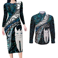 New Zealand Aotearoa Couples Matching Long Sleeve Bodycon Dress and Long Sleeve Button Shirt Maori Hei Rehua Paua Shell Glitter Green LT05 Green - Polynesian Pride