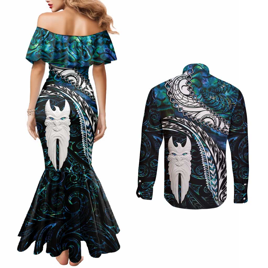 New Zealand Aotearoa Couples Matching Mermaid Dress and Long Sleeve Button Shirt Maori Hei Rehua Paua Shell Glitter Green LT05 - Polynesian Pride