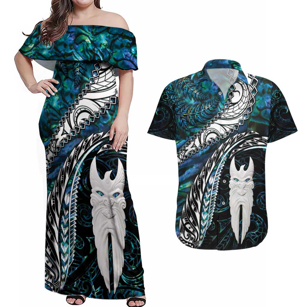 New Zealand Aotearoa Couples Matching Off Shoulder Maxi Dress and Hawaiian Shirt Maori Hei Rehua Paua Shell Glitter Green LT05 Green - Polynesian Pride