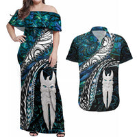 New Zealand Aotearoa Couples Matching Off Shoulder Maxi Dress and Hawaiian Shirt Maori Hei Rehua Paua Shell Glitter Green LT05 Green - Polynesian Pride