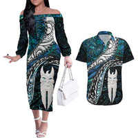 New Zealand Aotearoa Couples Matching Off The Shoulder Long Sleeve Dress and Hawaiian Shirt Maori Hei Rehua Paua Shell Glitter Green LT05 Green - Polynesian Pride