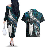New Zealand Aotearoa Couples Matching Off The Shoulder Long Sleeve Dress and Hawaiian Shirt Maori Hei Rehua Paua Shell Glitter Green LT05 - Polynesian Pride