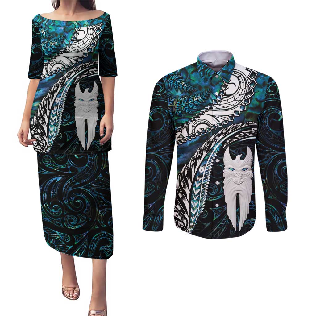 New Zealand Aotearoa Couples Matching Puletasi and Long Sleeve Button Shirt Maori Hei Rehua Paua Shell Glitter Green LT05 Green - Polynesian Pride