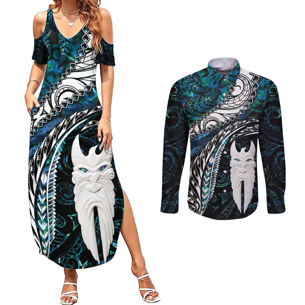 New Zealand Aotearoa Couples Matching Summer Maxi Dress and Long Sleeve Button Shirt Maori Hei Rehua Paua Shell Glitter Green LT05 Green - Polynesian Pride