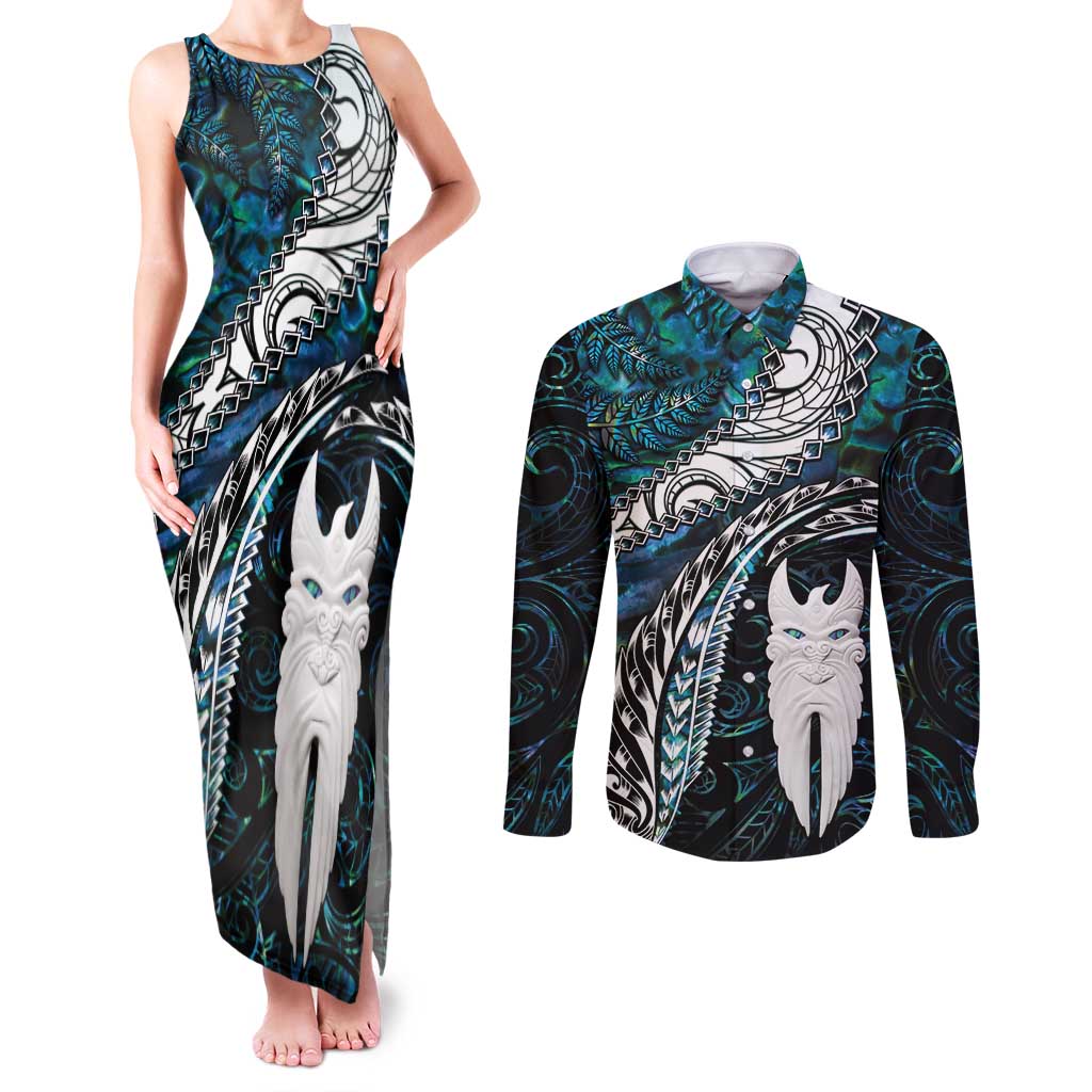 New Zealand Aotearoa Couples Matching Tank Maxi Dress and Long Sleeve Button Shirt Maori Hei Rehua Paua Shell Glitter Green LT05 Green - Polynesian Pride