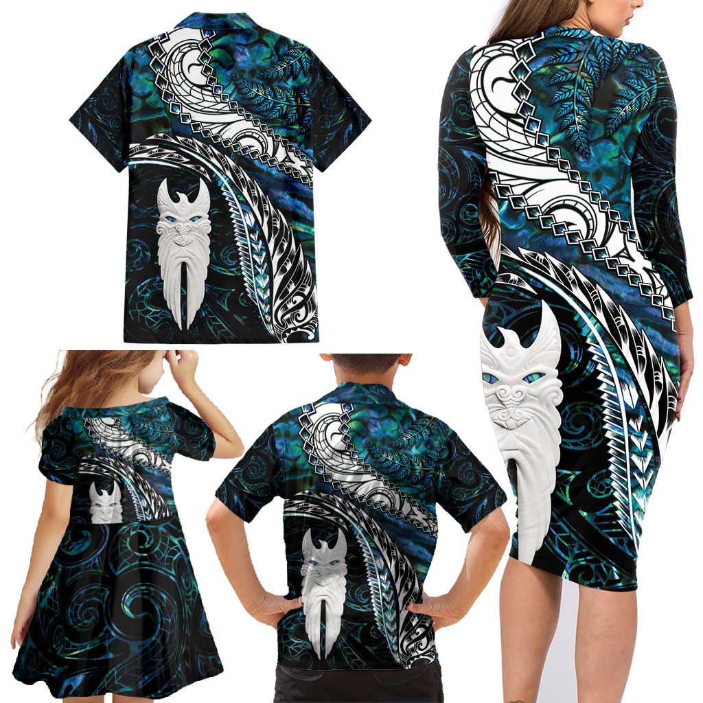 New Zealand Aotearoa Family Matching Long Sleeve Bodycon Dress and Hawaiian Shirt Maori Hei Rehua Paua Shell Glitter Green LT05 - Polynesian Pride