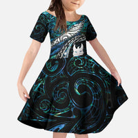 New Zealand Aotearoa Family Matching Off The Shoulder Long Sleeve Dress and Hawaiian Shirt Maori Hei Rehua Paua Shell Glitter Green LT05 Daughter's Dress Green - Polynesian Pride