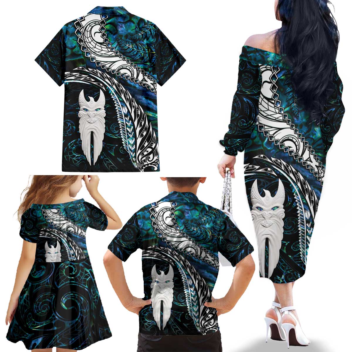 New Zealand Aotearoa Family Matching Off The Shoulder Long Sleeve Dress and Hawaiian Shirt Maori Hei Rehua Paua Shell Glitter Green LT05 - Polynesian Pride
