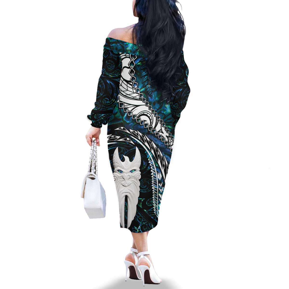 New Zealand Aotearoa Family Matching Off The Shoulder Long Sleeve Dress and Hawaiian Shirt Maori Hei Rehua Paua Shell Glitter Green LT05 - Polynesian Pride