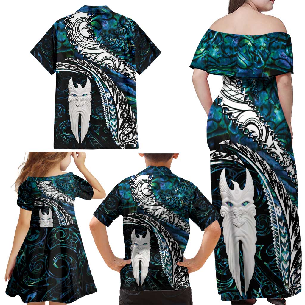 New Zealand Aotearoa Family Matching Off Shoulder Maxi Dress and Hawaiian Shirt Maori Hei Rehua Paua Shell Glitter Green LT05 - Polynesian Pride