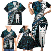 New Zealand Aotearoa Family Matching Short Sleeve Bodycon Dress and Hawaiian Shirt Maori Hei Rehua Paua Shell Glitter Green LT05 - Polynesian Pride
