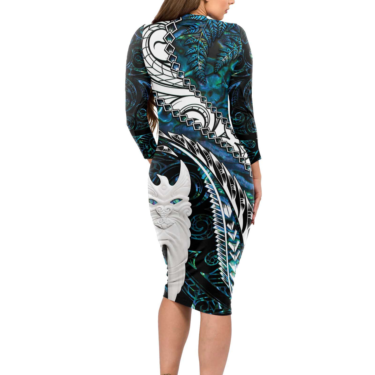 New Zealand Aotearoa Long Sleeve Bodycon Dress Maori Hei Rehua Paua Shell Glitter Green LT05 - Polynesian Pride