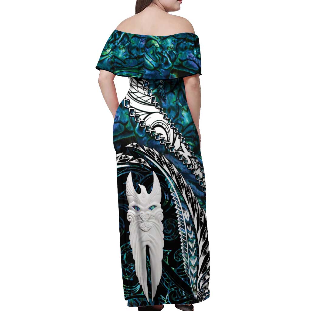 New Zealand Aotearoa Off Shoulder Maxi Dress Maori Hei Rehua Paua Shell Glitter Green LT05 - Polynesian Pride