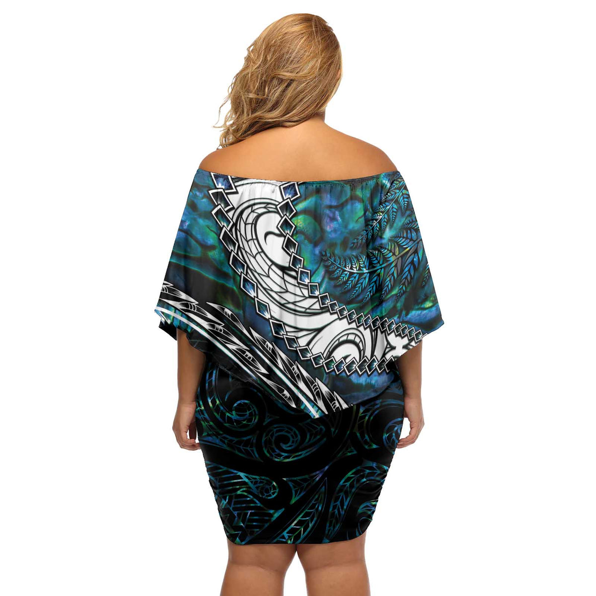 New Zealand Aotearoa Off Shoulder Short Dress Maori Hei Rehua Paua Shell Glitter Green LT05 - Polynesian Pride