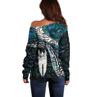 New Zealand Aotearoa Off Shoulder Sweater Maori Hei Rehua Paua Shell Glitter Green LT05 - Polynesian Pride