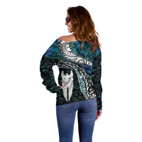 New Zealand Aotearoa Off Shoulder Sweater Maori Hei Rehua Paua Shell Glitter Green LT05 - Polynesian Pride