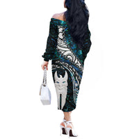 New Zealand Aotearoa Off The Shoulder Long Sleeve Dress Maori Hei Rehua Paua Shell Glitter Green LT05 - Polynesian Pride