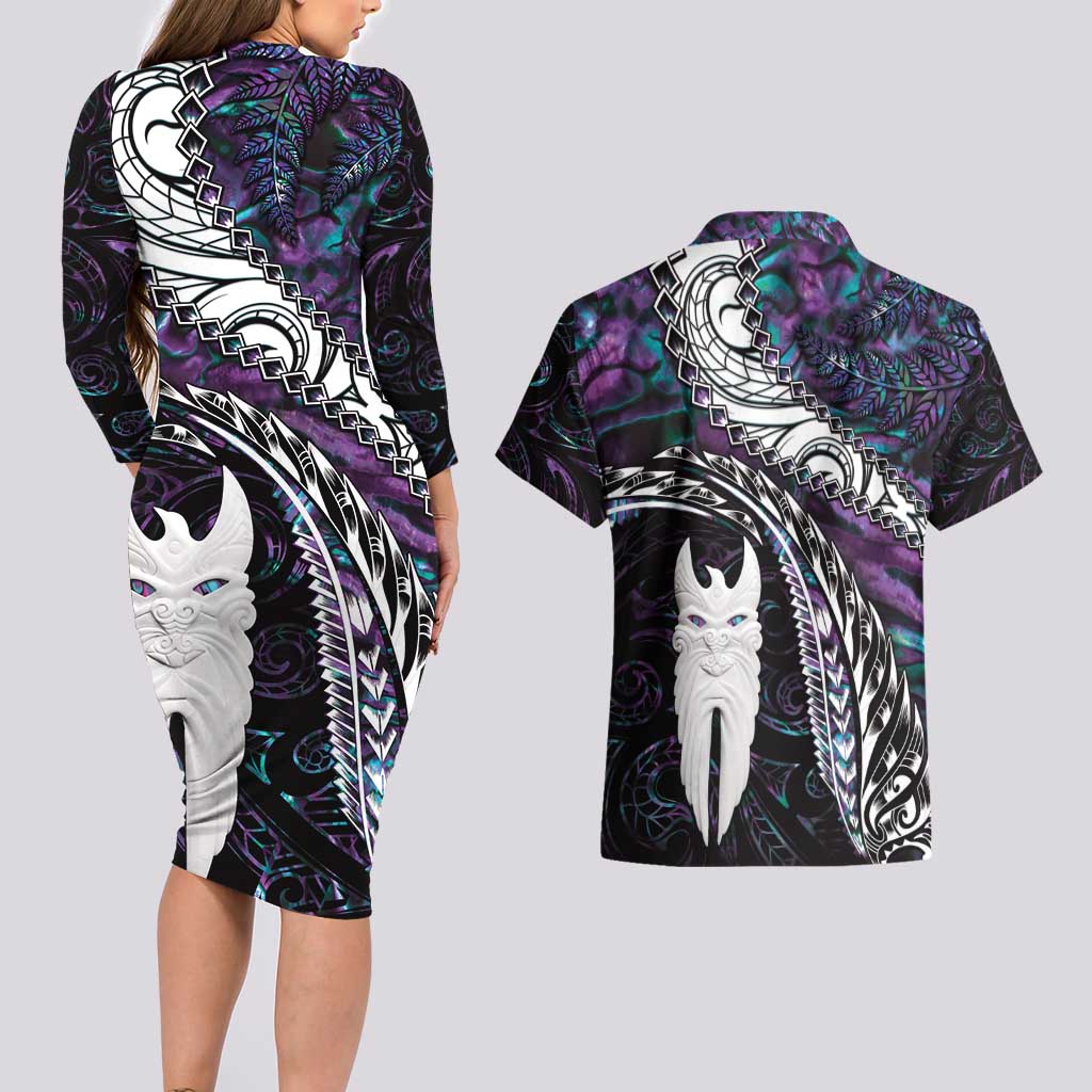 New Zealand Aotearoa Couples Matching Long Sleeve Bodycon Dress and Hawaiian Shirt Maori Hei Rehua Paua Shell Glitter Purple LT05 - Polynesian Pride
