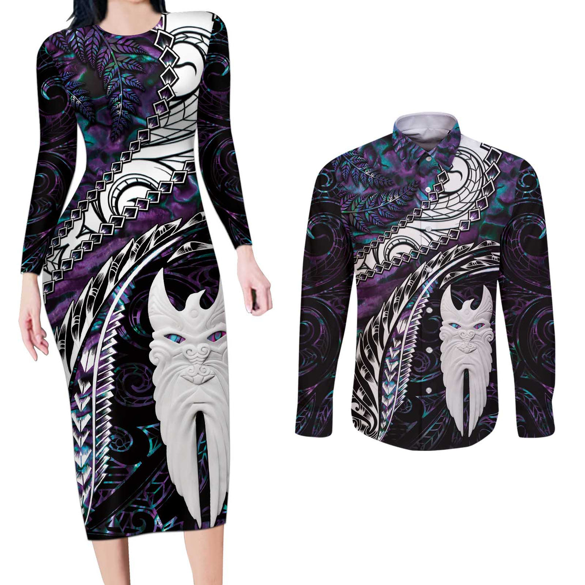 New Zealand Aotearoa Couples Matching Long Sleeve Bodycon Dress and Long Sleeve Button Shirt Maori Hei Rehua Paua Shell Glitter Purple LT05 Purple - Polynesian Pride