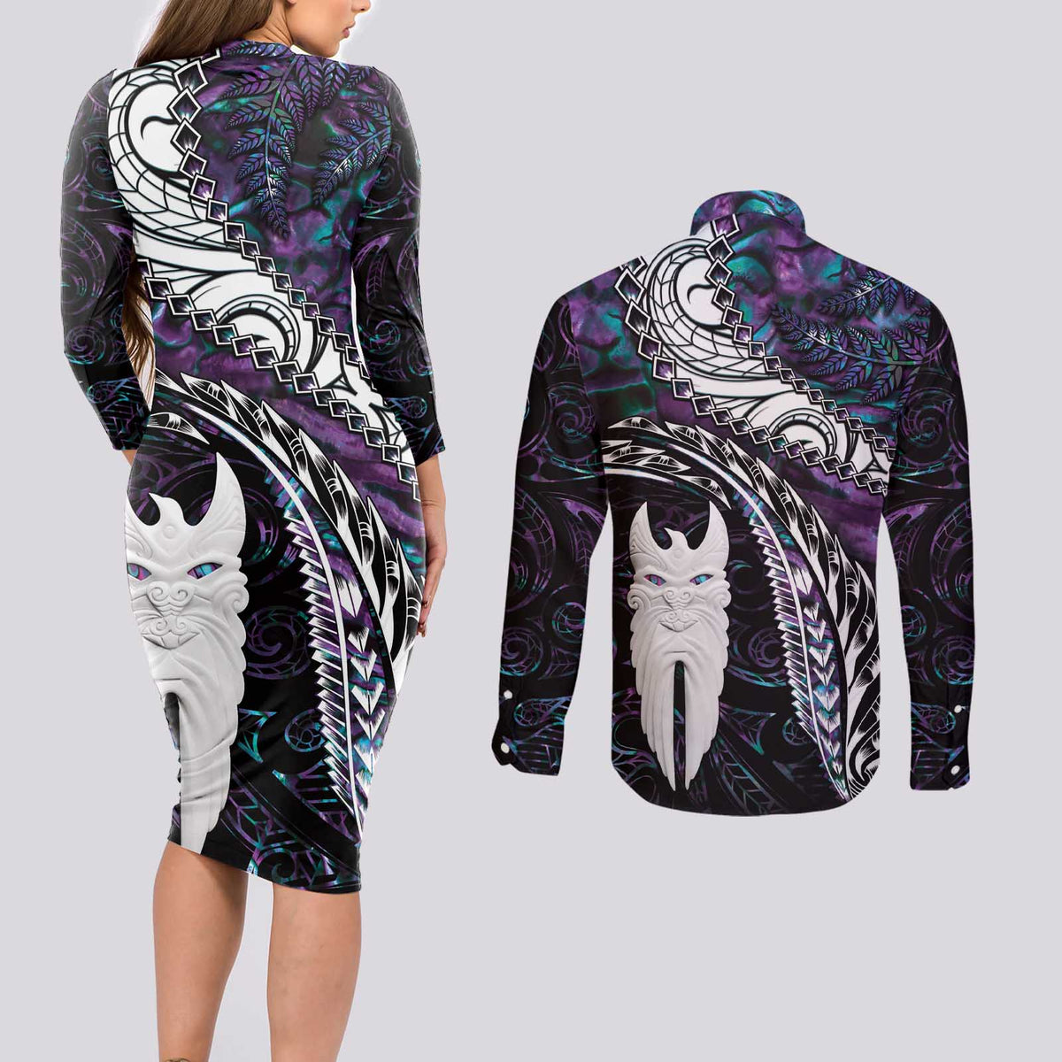 New Zealand Aotearoa Couples Matching Long Sleeve Bodycon Dress and Long Sleeve Button Shirt Maori Hei Rehua Paua Shell Glitter Purple LT05 - Polynesian Pride