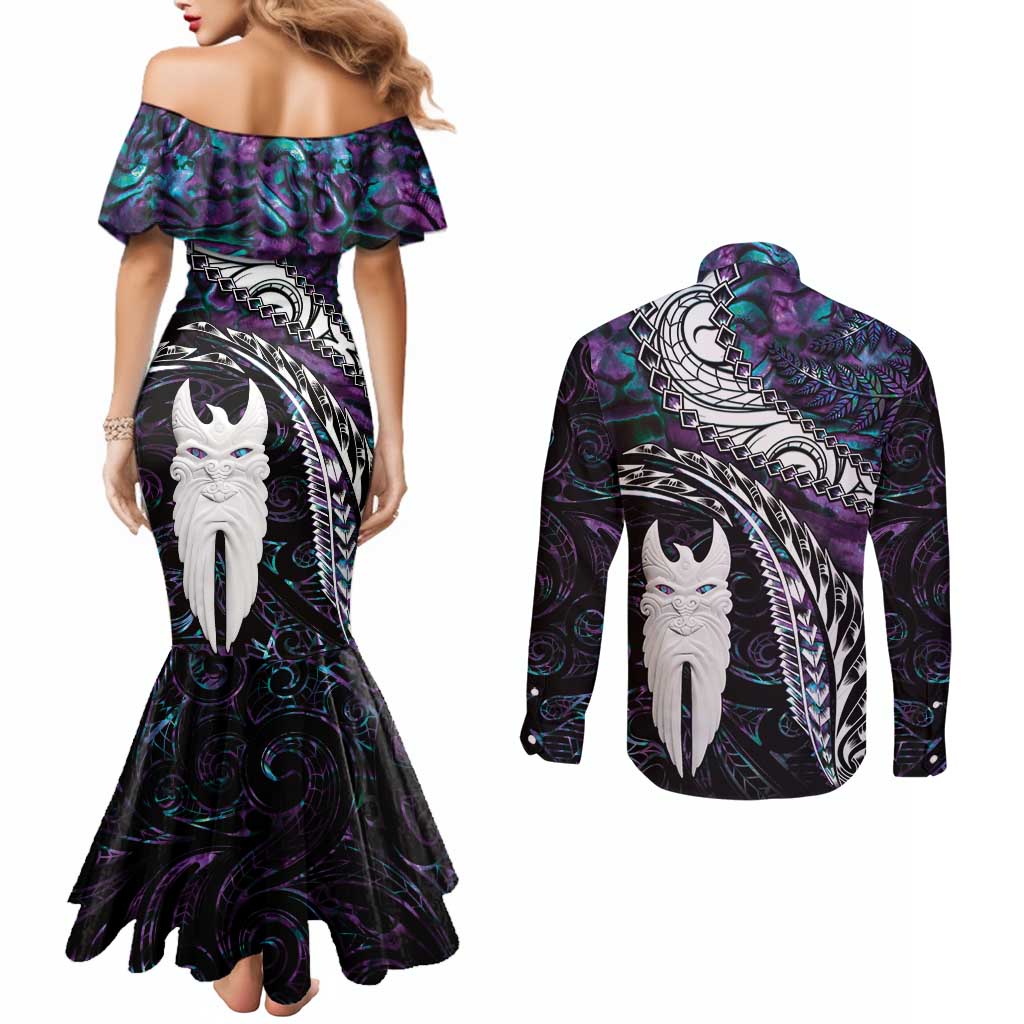 New Zealand Aotearoa Couples Matching Mermaid Dress and Long Sleeve Button Shirt Maori Hei Rehua Paua Shell Glitter Purple LT05 - Polynesian Pride