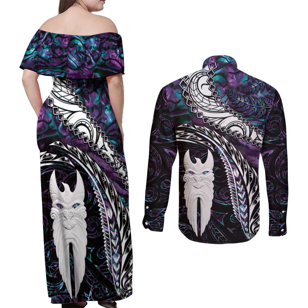 New Zealand Aotearoa Couples Matching Off Shoulder Maxi Dress and Long Sleeve Button Shirt Maori Hei Rehua Paua Shell Glitter Purple LT05 - Polynesian Pride