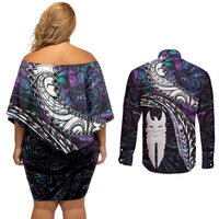 New Zealand Aotearoa Couples Matching Off Shoulder Short Dress and Long Sleeve Button Shirt Maori Hei Rehua Paua Shell Glitter Purple LT05 - Polynesian Pride
