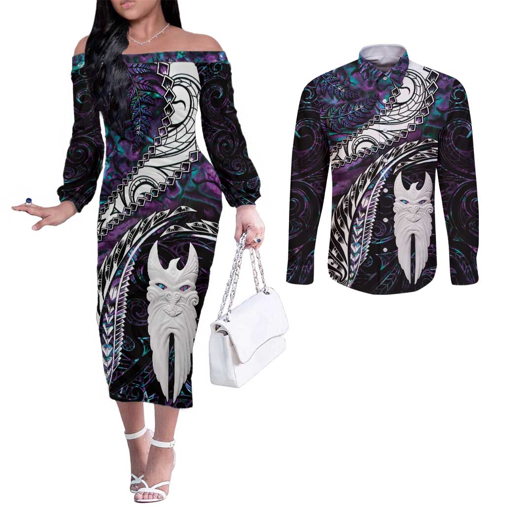 New Zealand Aotearoa Couples Matching Off The Shoulder Long Sleeve Dress and Long Sleeve Button Shirt Maori Hei Rehua Paua Shell Glitter Purple LT05 Purple - Polynesian Pride