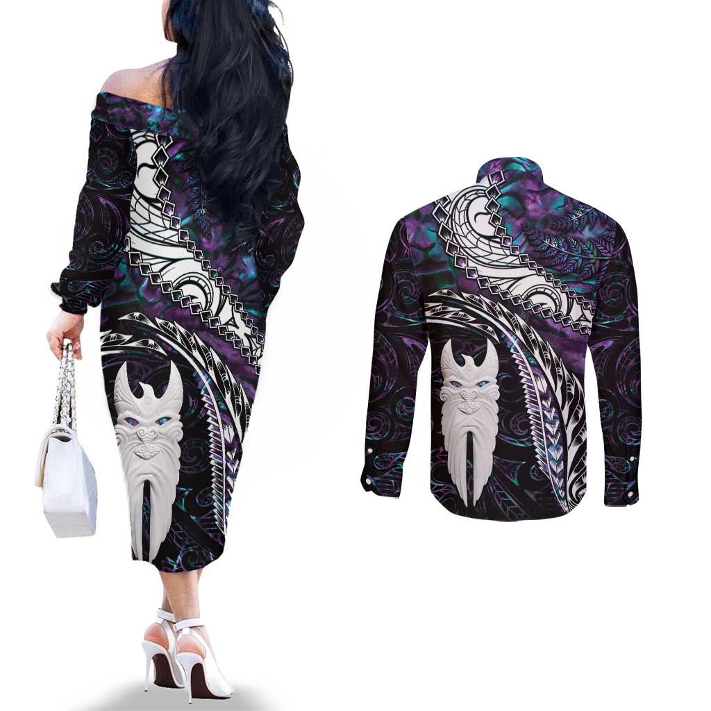 New Zealand Aotearoa Couples Matching Off The Shoulder Long Sleeve Dress and Long Sleeve Button Shirt Maori Hei Rehua Paua Shell Glitter Purple LT05 - Polynesian Pride