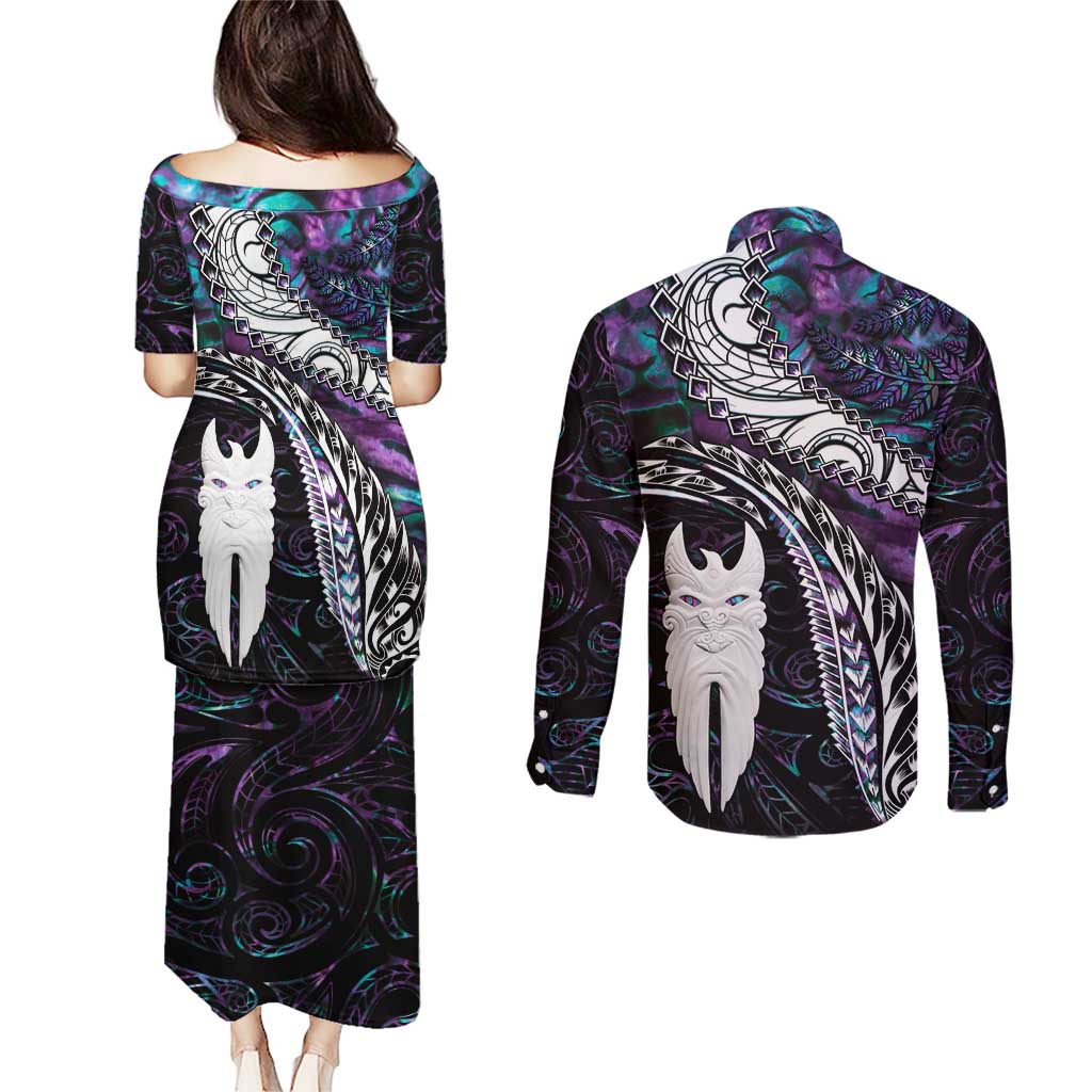 New Zealand Aotearoa Couples Matching Puletasi and Long Sleeve Button Shirt Maori Hei Rehua Paua Shell Glitter Purple LT05 - Polynesian Pride