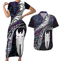 New Zealand Aotearoa Couples Matching Short Sleeve Bodycon Dress and Hawaiian Shirt Maori Hei Rehua Paua Shell Glitter Purple LT05 Purple - Polynesian Pride