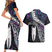 New Zealand Aotearoa Couples Matching Short Sleeve Bodycon Dress and Hawaiian Shirt Maori Hei Rehua Paua Shell Glitter Purple LT05 - Polynesian Pride
