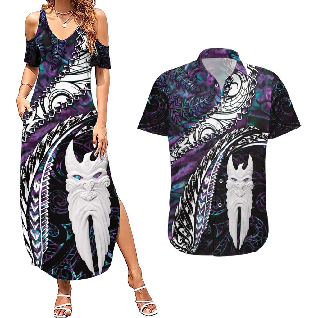 New Zealand Aotearoa Couples Matching Summer Maxi Dress and Hawaiian Shirt Maori Hei Rehua Paua Shell Glitter Purple LT05 Purple - Polynesian Pride