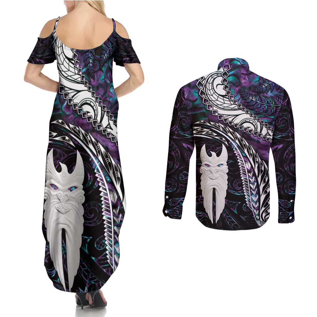 New Zealand Aotearoa Couples Matching Summer Maxi Dress and Long Sleeve Button Shirt Maori Hei Rehua Paua Shell Glitter Purple LT05 - Polynesian Pride
