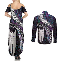 New Zealand Aotearoa Couples Matching Summer Maxi Dress and Long Sleeve Button Shirt Maori Hei Rehua Paua Shell Glitter Purple LT05 - Polynesian Pride