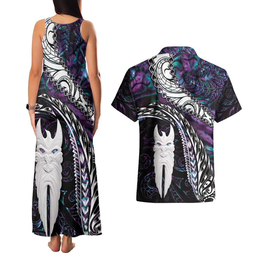 New Zealand Aotearoa Couples Matching Tank Maxi Dress and Hawaiian Shirt Maori Hei Rehua Paua Shell Glitter Purple LT05 - Polynesian Pride