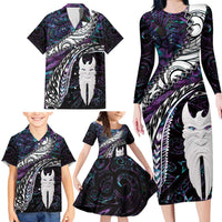 New Zealand Aotearoa Family Matching Long Sleeve Bodycon Dress and Hawaiian Shirt Maori Hei Rehua Paua Shell Glitter Purple LT05 - Polynesian Pride