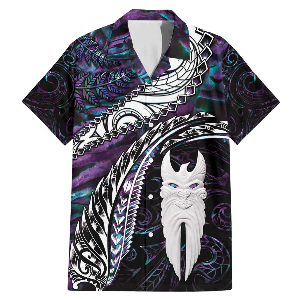 New Zealand Aotearoa Family Matching Mermaid Dress and Hawaiian Shirt Maori Hei Rehua Paua Shell Glitter Purple LT05 Dad's Shirt - Short Sleeve Purple - Polynesian Pride