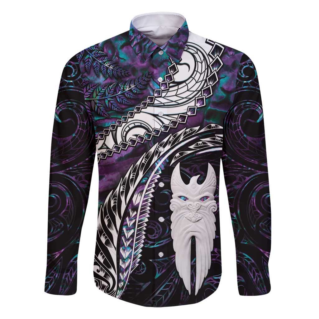 New Zealand Aotearoa Family Matching Mermaid Dress and Hawaiian Shirt Maori Hei Rehua Paua Shell Glitter Purple LT05 Dad's Shirt - Long Sleeve Purple - Polynesian Pride