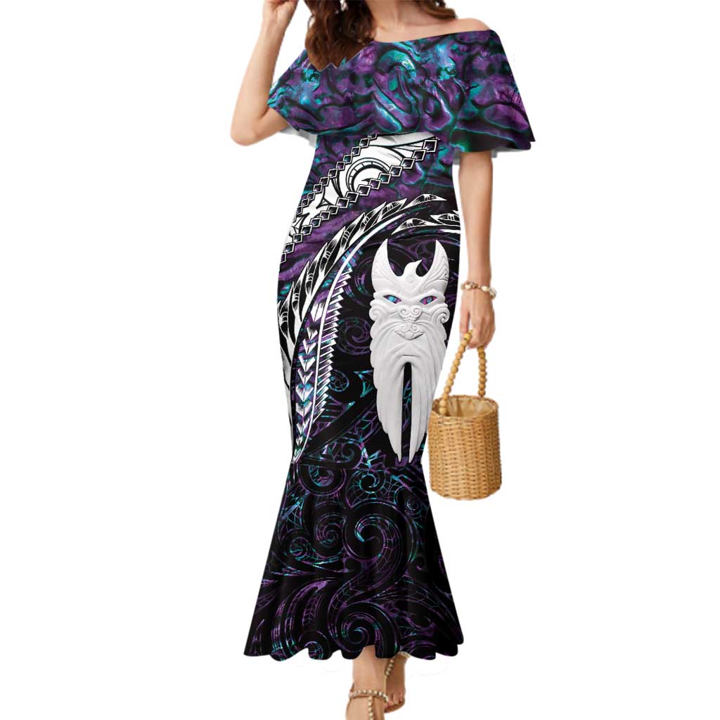 New Zealand Aotearoa Family Matching Mermaid Dress and Hawaiian Shirt Maori Hei Rehua Paua Shell Glitter Purple LT05 Mom's Dress Purple - Polynesian Pride