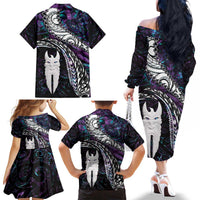 New Zealand Aotearoa Family Matching Off The Shoulder Long Sleeve Dress and Hawaiian Shirt Maori Hei Rehua Paua Shell Glitter Purple LT05 - Polynesian Pride