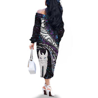 New Zealand Aotearoa Family Matching Off The Shoulder Long Sleeve Dress and Hawaiian Shirt Maori Hei Rehua Paua Shell Glitter Purple LT05 - Polynesian Pride