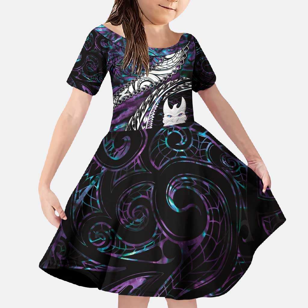 New Zealand Aotearoa Family Matching Off Shoulder Maxi Dress and Hawaiian Shirt Maori Hei Rehua Paua Shell Glitter Purple LT05 Daughter's Dress Purple - Polynesian Pride